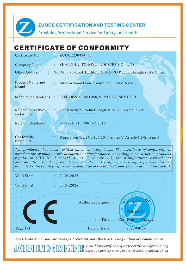 CE certificate Interior wood door